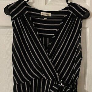 Monteau Women’s Black Striped Faux Wrap Dress Knee V Neck
